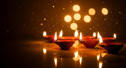 Diwali oil lamps, also known as diyas, glowing with warm light and reflecting on a dark surface, creating a festive atmosphere