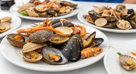 Fototapeta premium Assorted cooked seafood mussels, shrimp, cockles, scallops on white plates, close-up