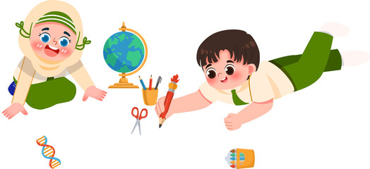 Naklejka premium Children Learning: Boy Drawing, Girl with Hijab, Globe, Scissors, and DNA Model.