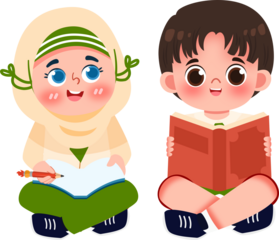 Children Learning: Girl in Headscarf Writing, Boy Reading Book, Cute Cartoon Style.