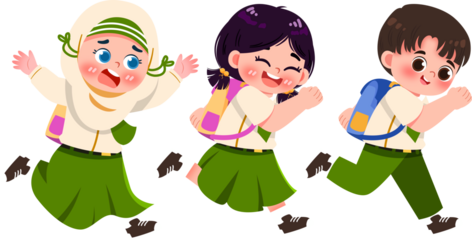 Excited Schoolchildren Running, Uniforms, Green Skirts, Backpacks, Joyful Cartoon Style.