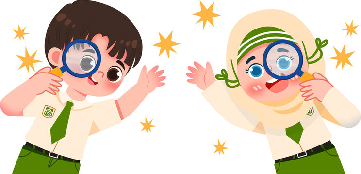 Curious School Children Exploring with Magnifying Glasses and Sparkles - Powered by Adobe