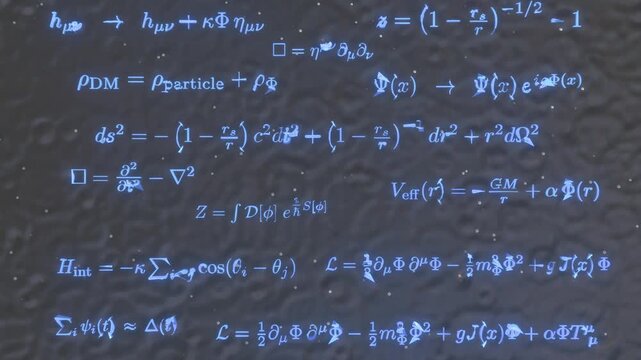 The math science formula concept art waving and rain drops animation. gravity well, entanglement, event horizon, gravitational redshift, path integral coupling, multidimensional time,
