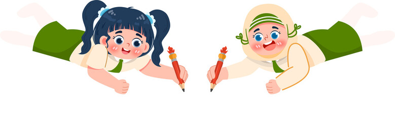 Schoolgirls with crayons: Diverse elementary students drawing together, education concept.