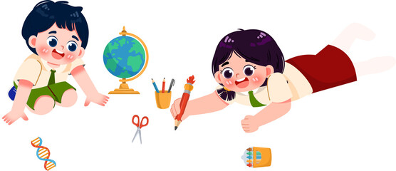 Illustrated Children Learning: Globe, Scissors, DNA, Pencils