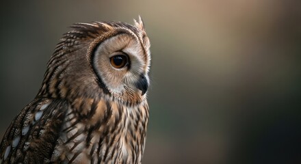 Beautiful long-eared owl portrait, sharp orange eyes, intricate brown feather patterns