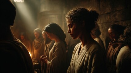 early Christian gathering in a candlelit stone room, people in linen robes praying quietly, cinematic lighting, dramatic shadows, copyspace on left