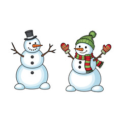 A delightful pair of smiling cartoon snowmen, adorned with traditional winter accessories, bring the magic and fun of the snowy season to life, perfect for holiday illustrations and designs