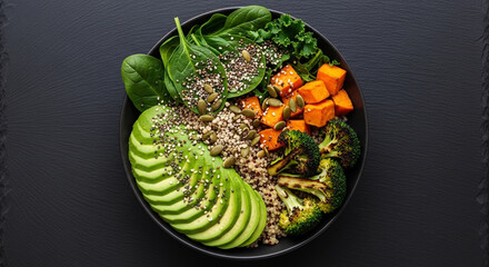Healthy vegan buddha bowl with avocado, quinoa, sweet potato, broccoli, spinach, and kale on a dark background