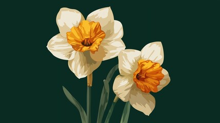 Fototapeta premium Hand-drawn vector illustration of two daffodils in a flat style against a dark green background, featuring long leaves and white flowers with yellow stamens, suited for editorial and advertising visua