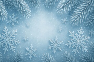 Winter Wonderland Background with Snowflakes and Frosted Pine Branches.