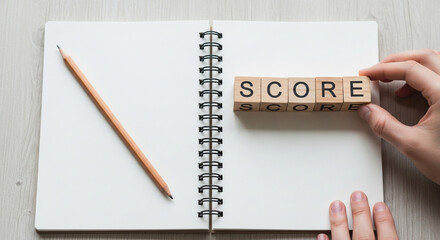 Hand placing wooden letter blocks spelling score on a notebook