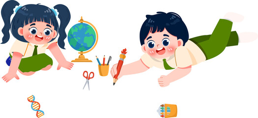 Cartoon Kids Learning: Globe, DNA, School Supplies, Boy Drawing.