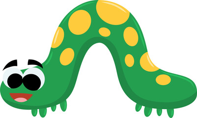 Cartoon Green Caterpillar with Yellow Spots and Happy Expression.