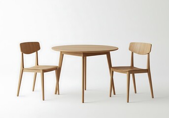 Wooden round table and two chairs isolated on white background for interior