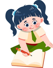 Animated Girl Writing: Pigtails, Pencil, Open Book, Educational Concept.