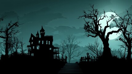 Fototapeta premium Creepy Haunted House in Dark Forest with Moonlight and Gnarled Trees in Mysterious Night Scene