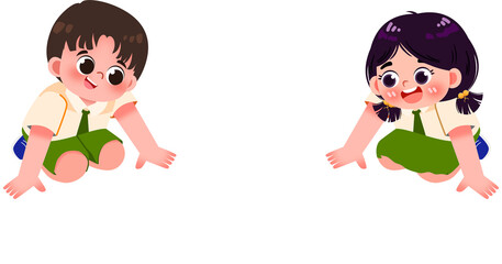 Animated School Kids Crawling, Green Uniforms, Happy Faces, Vector Illustration