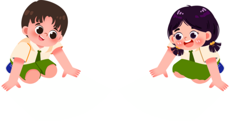 Animated School Kids Crawling, Green Uniforms, Happy Faces, Vector Illustration