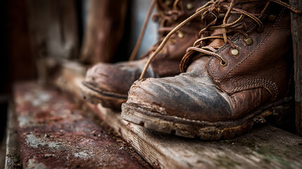 Close-up of rugged, weathered work boots resting on a surface of rusty metal and aged wooden planks, detailed texture, warm natural lighting, realistic high-resolution photography style