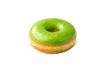 Green glazed donut with smooth icing on golden pastry, isolated on a transparent background