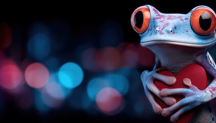 Close-up of a vibrant frog holding a red heart, bokeh background. Vivid colors and detail