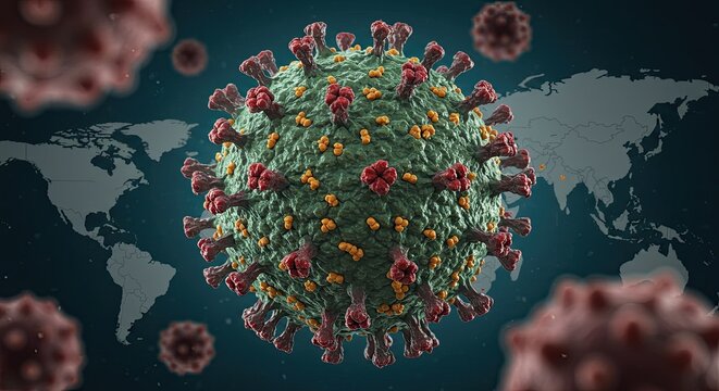 Visualize the global spread of a dangerous virus with this detailed 3D rendering of a coronavirus particle against a world map backdrop, perfect for medical and scientific communications.