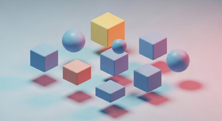 Abstract geometric shapes including cubes and spheres in pastel colors with soft shadows on a light background