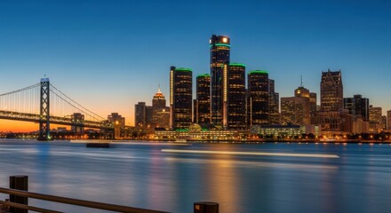 Detroit's Gleaming Skyline at Twilight with Reflections on the River