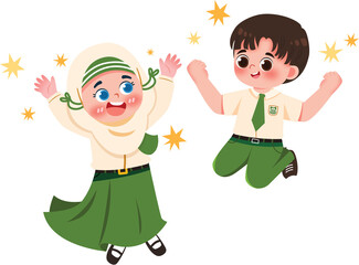 Joyful Students: Cartoon Girl in Hijab and Boy Jumping with Stars.