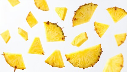 Naklejka premium Juicy pineapple slices suspended in mid-air on a white background, showcasing the vibrant yellow color and fresh texture.
