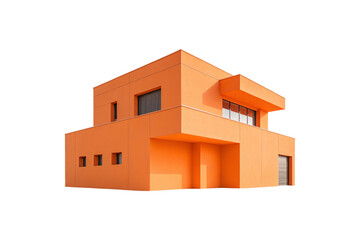 Modern orange two-story building with geometric design featuring flat roof, rectangular windows and contemporary architectural style, isolated on a transparent background