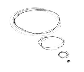 Graphic illustration of a thought bubble or a comic speech balloon. Three oval elements drawn with uneven pencil lines, creating a hand-drawn feel, isolated on a white background. Black outline.