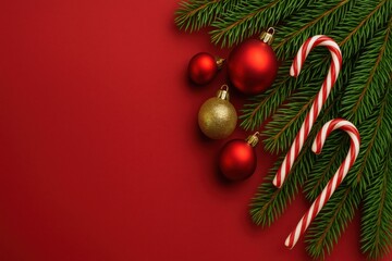 Obraz premium Festive Christmas Decorations on Red Background with Candy Canes.