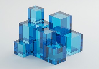 A stack of transparent blue cubes isolated on white background, 3d rendering