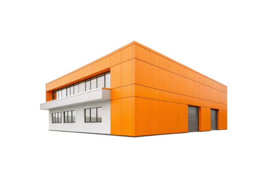 Contemporary orange and white two-story commercial building with large windows and modern minimalist architectural design elements, isolated on a transparent background