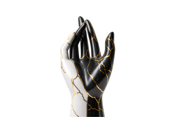 Black and white hand sculpture with gold kintsugi repair lines, isolated on a transparent background
