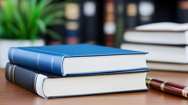 Two Hardcover Books Stacked on Wooden Desk with Pen