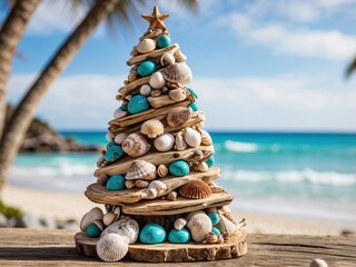 christmas tree on the beach, A decorative Christmas tree crafted from seashells and driftwood stands on a sandy beach.