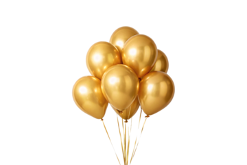 Cluster of nine glossy golden balloons tied together with ribbons creating elegant celebratory arrangement for special occasions, isolated on a transparent background