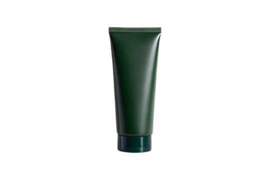 Dark green cosmetic tube with screw cap standing upright showing smooth cylindrical body and professional packaging design, isolated on a transparent background