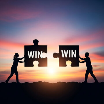 Two people fitting together puzzle pieces with win win text at sunset