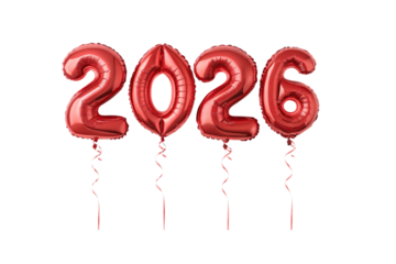 Red metallic number balloons displaying two zero two six with curled ribbons attached floating for party decoration, isolated on a transparent background