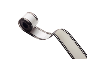 Blank white camera film roll canister with strip unwinding showing perforated edges and sprocket holes, isolated on a transparent background