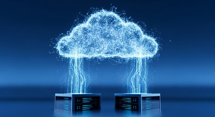 Abstract glowing blue cloud made of particles with data streams connecting to servers below, representing cloud computing and data transfer