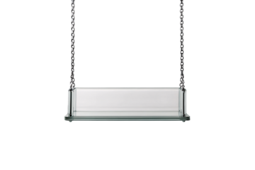 Empty glass shelf with metallic chrome cylindrical supports suspended by silver chain links against white, isolated on a transparent background