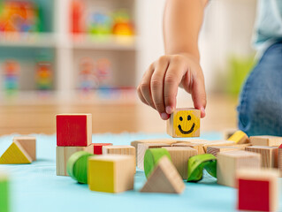 Child playing with wooden building blocks promotes learning and development