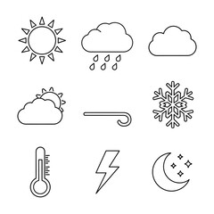 A versatile collection of minimalist weather condition symbols for meteorological forecasting, including icons for sun, clouds, rain, wind, snow, and thunderstorms