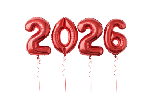 Red metallic number balloons displaying two zero two six with curled ribbons attached floating for party decoration, isolated on a transparent background - Powered by Adobe