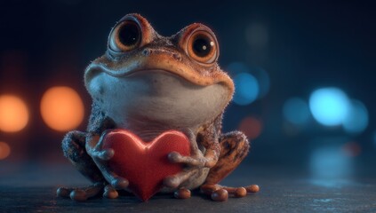 Animated amphibian offers a red heart, illuminated with colorful bokeh on a city background